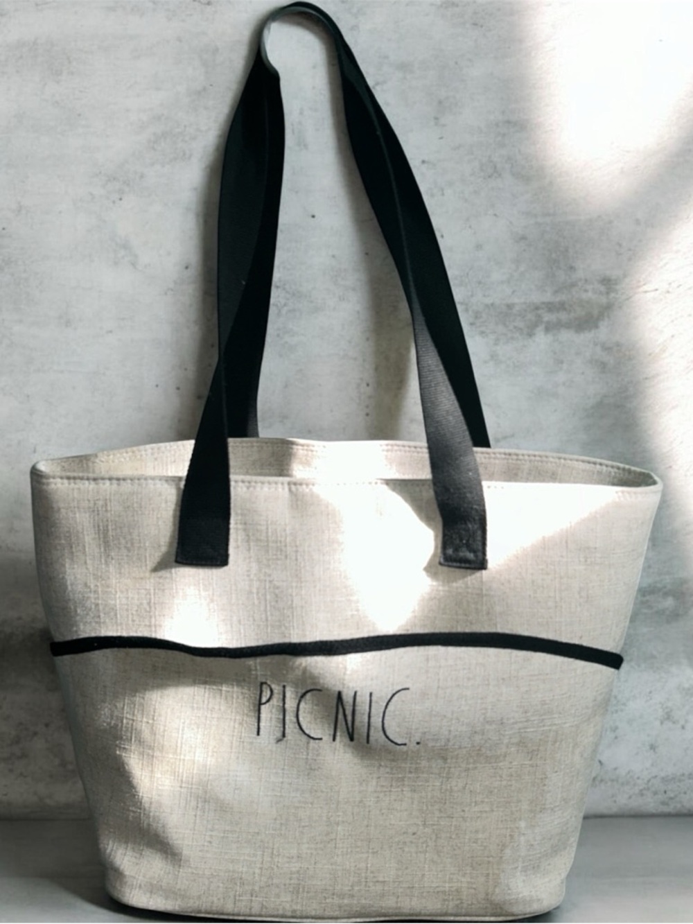 Rae Dunn Cream Canvas Picnic Tote with Black Straps